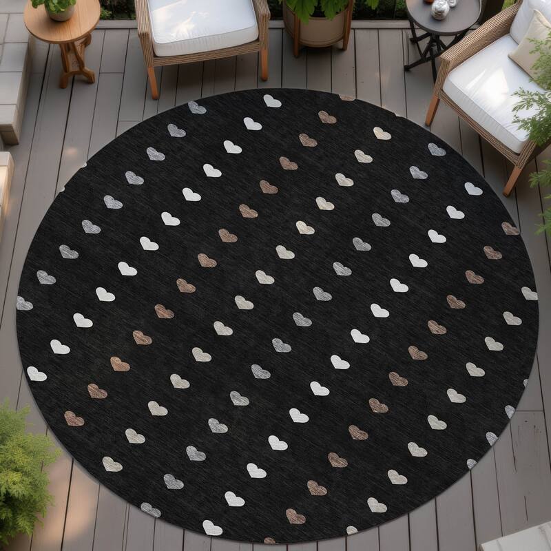 Machine Washable Indoor/ Outdoor Modern Hearts Chantille Rug - Black - 8' x 8'