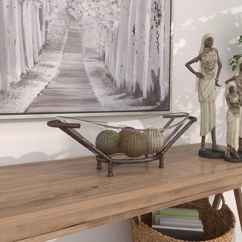 Tempered Glass Kitchen Serving Bowl with Brown Metal Base - Clear - Roche River Decor