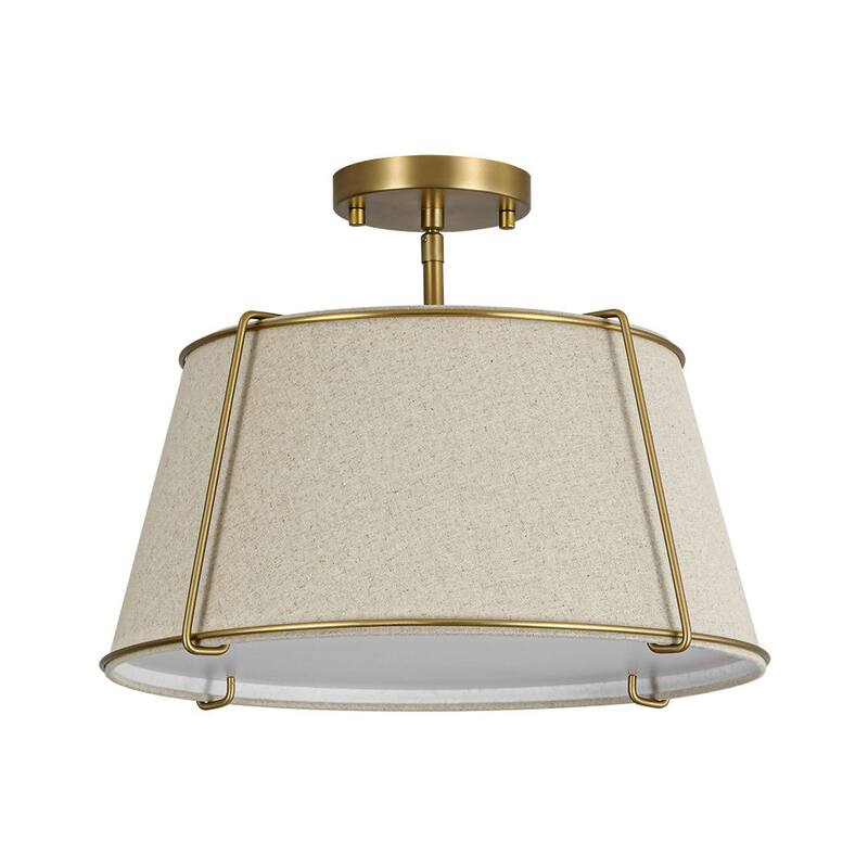 Brass 4-Light Wide Drum Linen Ceiling Light - 17in Mid-Century