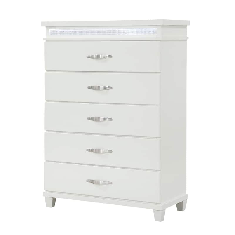 Jisy Tall Dresser Chest, 5 Drawer Chrome Bar Handles, LED Lit, White
