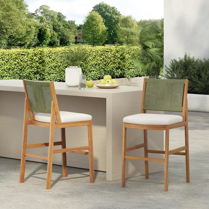 Scott Living Arly Outdoor Bar Stool Solid Acacia Wood and Woven Wicker - Green - Set of 2