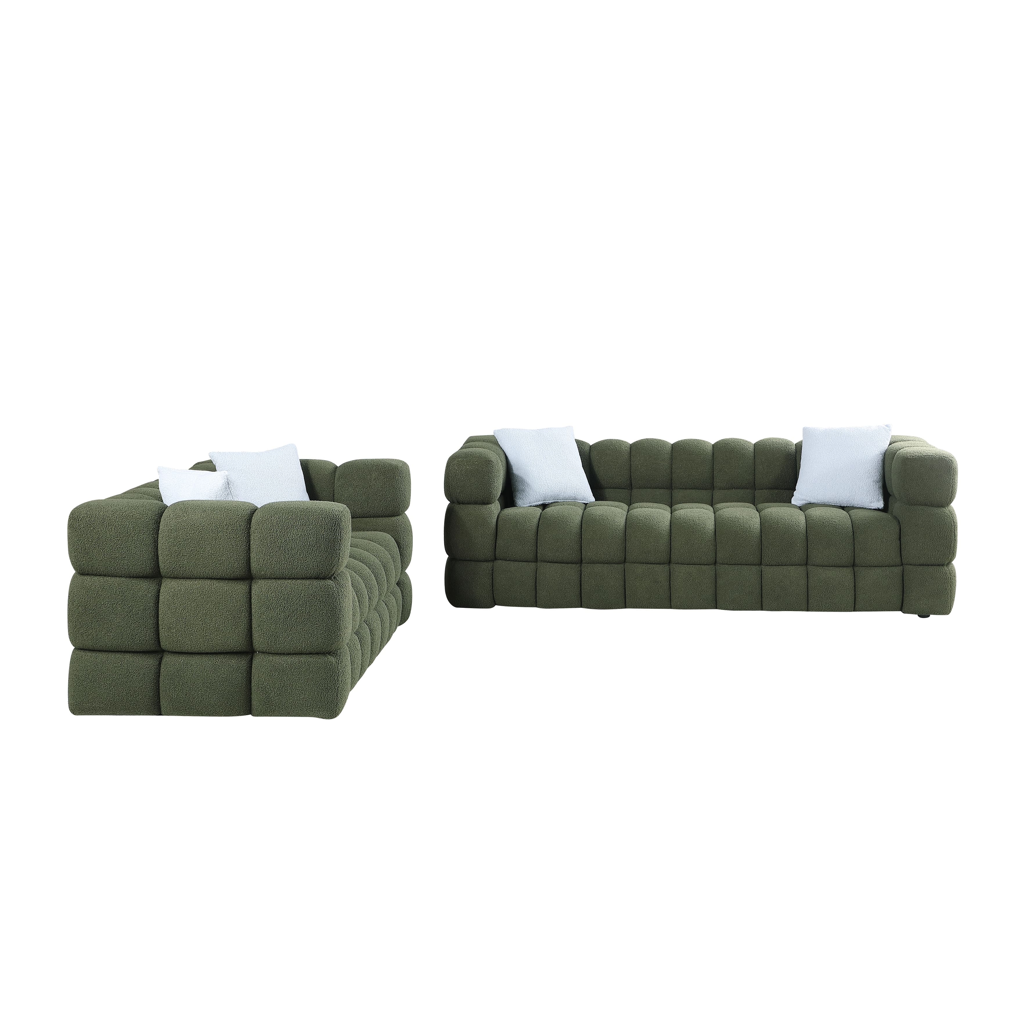 Living Room Deep Seat Olive Green Boucle 2pc Sofa Sets w/ Pillows - 2+3 ...