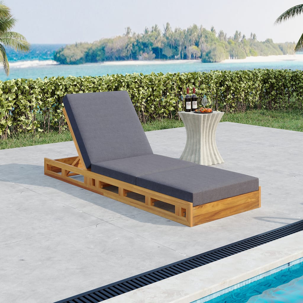 Roomfitters Outdoor Acacia Wood Chaise Lounge with Dark Grey Triple-Fold Cushions Teak Finish