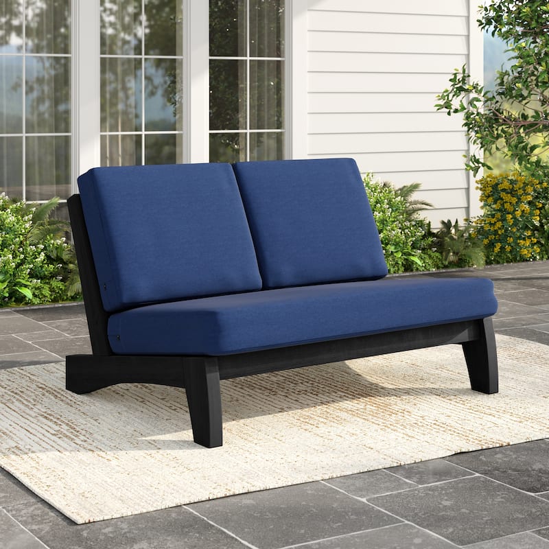 Outdoor Teak Wood Patio Loveseat with Cushions - Dark Wood - Navy