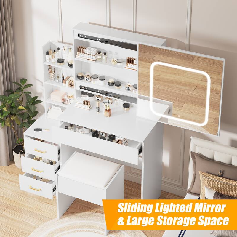 Vanity Desk with Mirror and LED Lights, Makeup Vanity Desk with Sliding Lighted Mirror & Charging Station