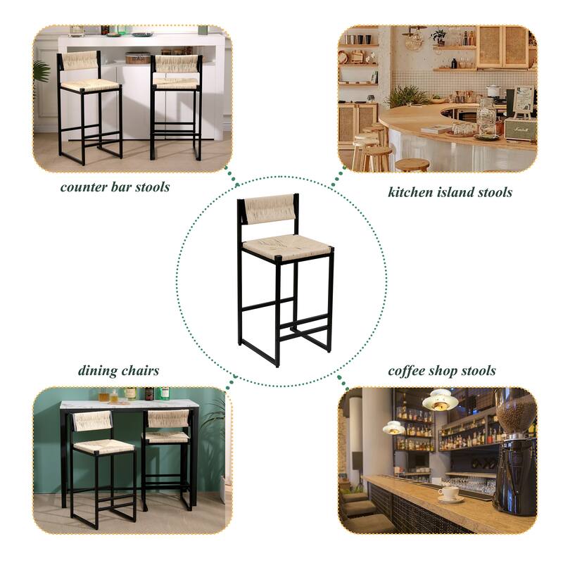 Bar Stools Set of 2 Paper Rope Weave Dining Chairs with Back Hand Weave Stools for Kichen Island, Bar & Counter