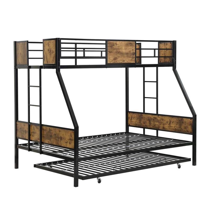 Full Over Full Bunk Bed with Trundle, Heavy Duty Metal Bed Frame with Full-Length Guardrails and 2 Ladder, No Box Spring Needed
