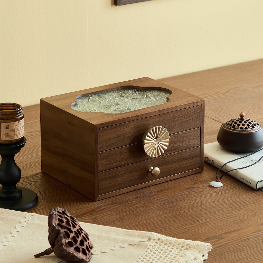 Walnut Color Pull-Out with Handles and Glass Skylight 3-Tiered Jewelry Box - 10.24