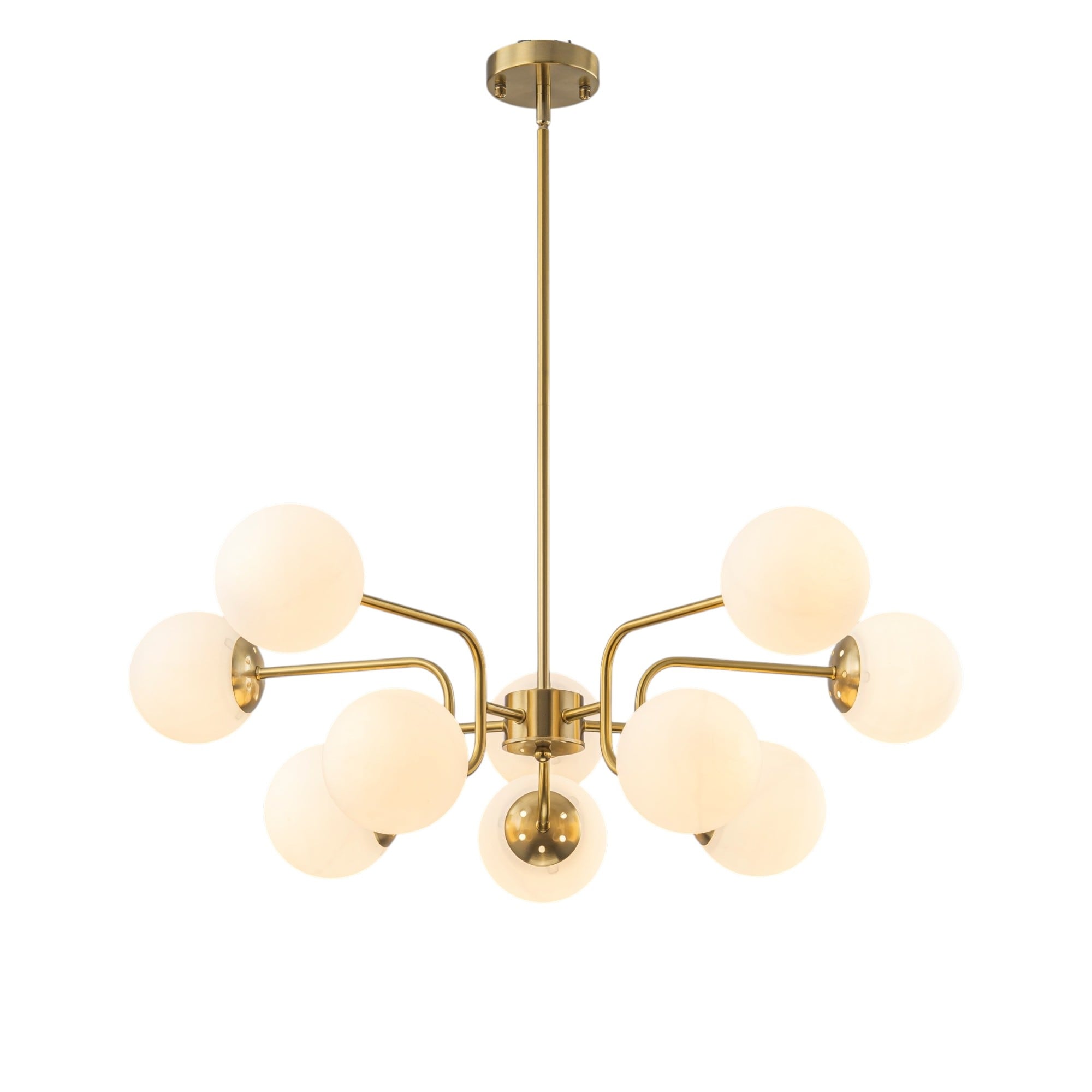 Rennnsan 35 in. 10-Light Mid-Century Modern Brass Milk Glass Globe Chandelier - 35.4 in. Dia × 15.7 in. H