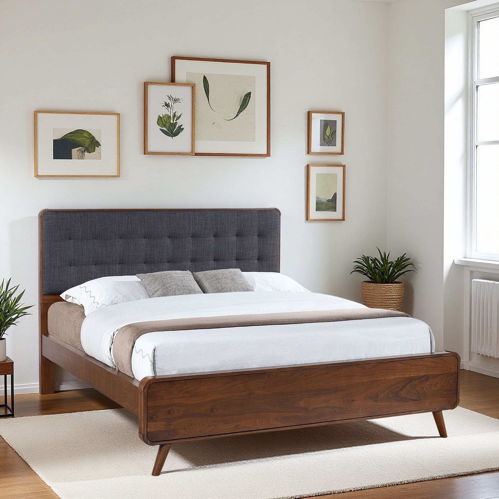 Wood Platform Bed with Tufted Upholstered Headboard