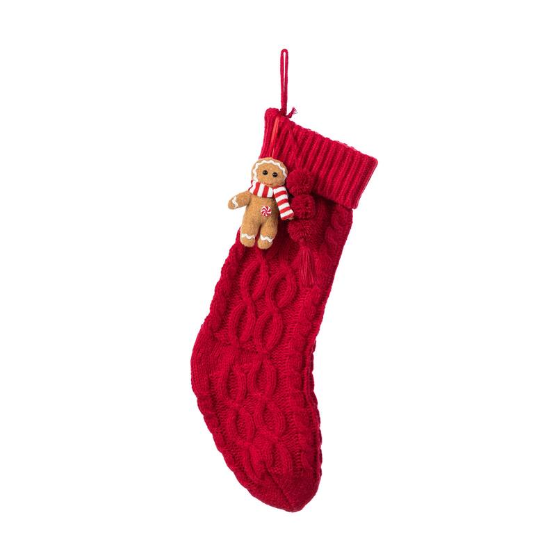 Glitzhome 22"L Knitted Christmas Stocking with Pompon Tassel or Gingerbread Man Ornament - Red