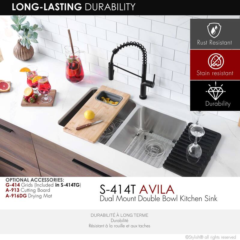STYLISH 29 inch L x 18 inches W Double Bowl Undermount and Drop-in Stainless Steel Kitchen Sink - 29" x 18" x 8"