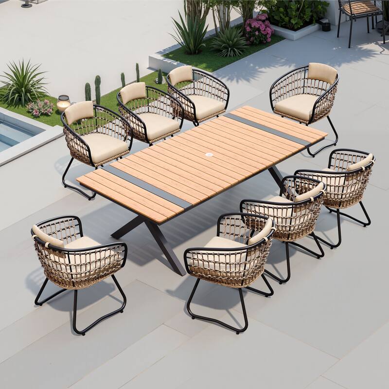 9/11PC Outdoor Patio Dining Set With Aluminum X-Frame Table Umbrella Hole Table Rattan Chairs - 9PC-Brown-Table&Beige-Chairs