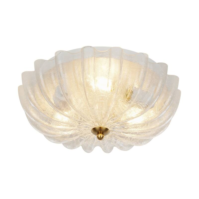 French Textured Frosted White Glass Scalloped Round Ceiling Light - Clear