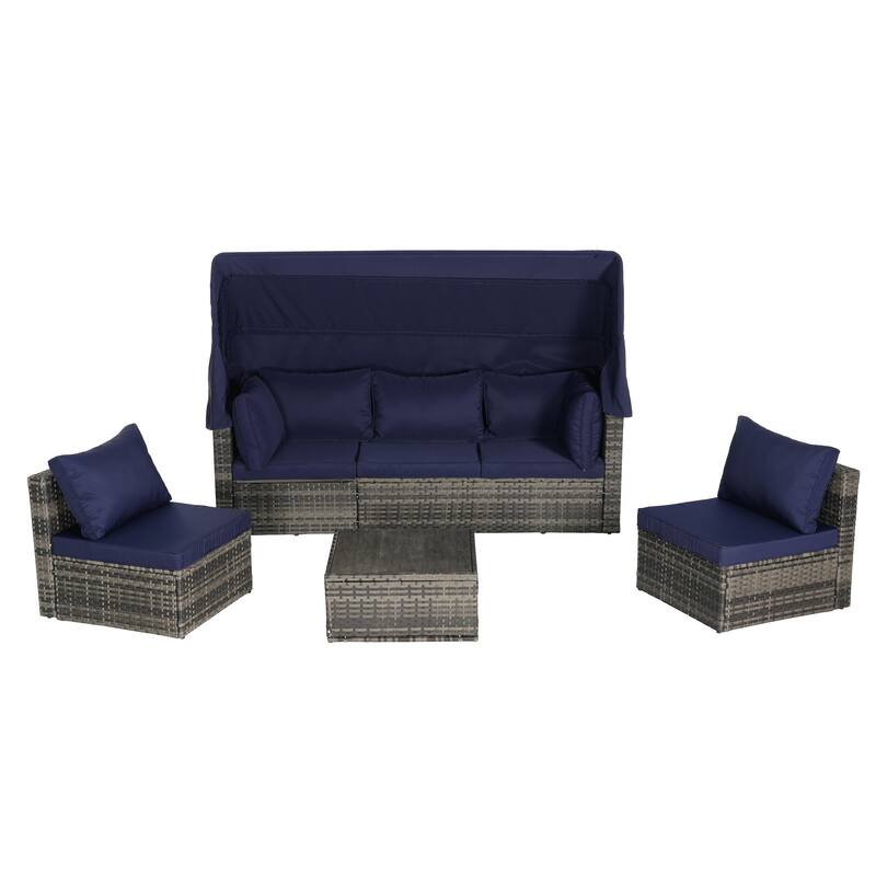 5-Piece Outdoor Patio Wicker Daybed Set with Retractable Canopy, Storable Table