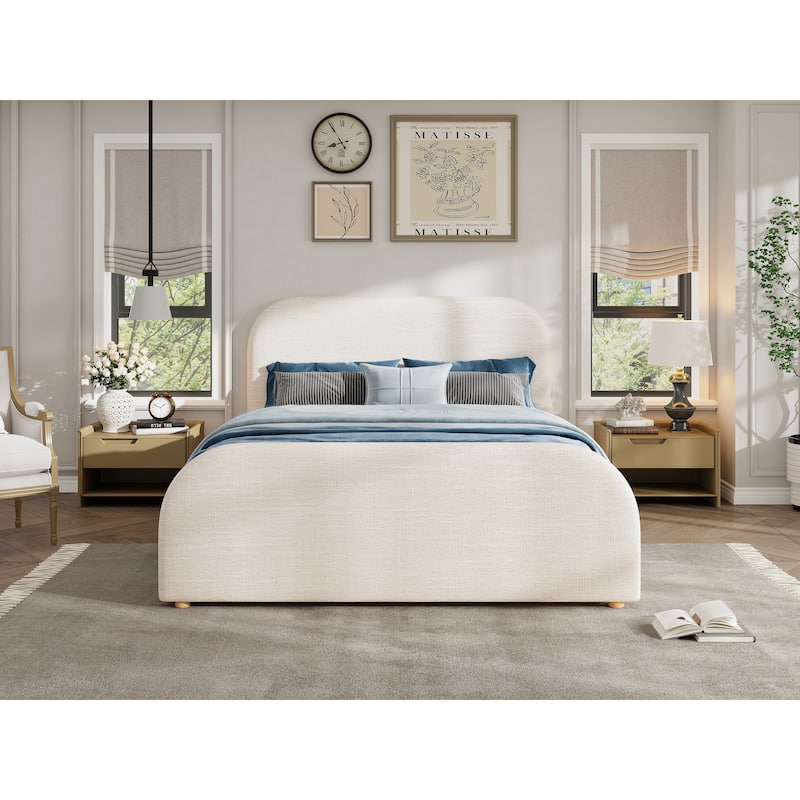 Queen Size Bed Frame with Linen Upholstered Headboard and Solid Wood Legs