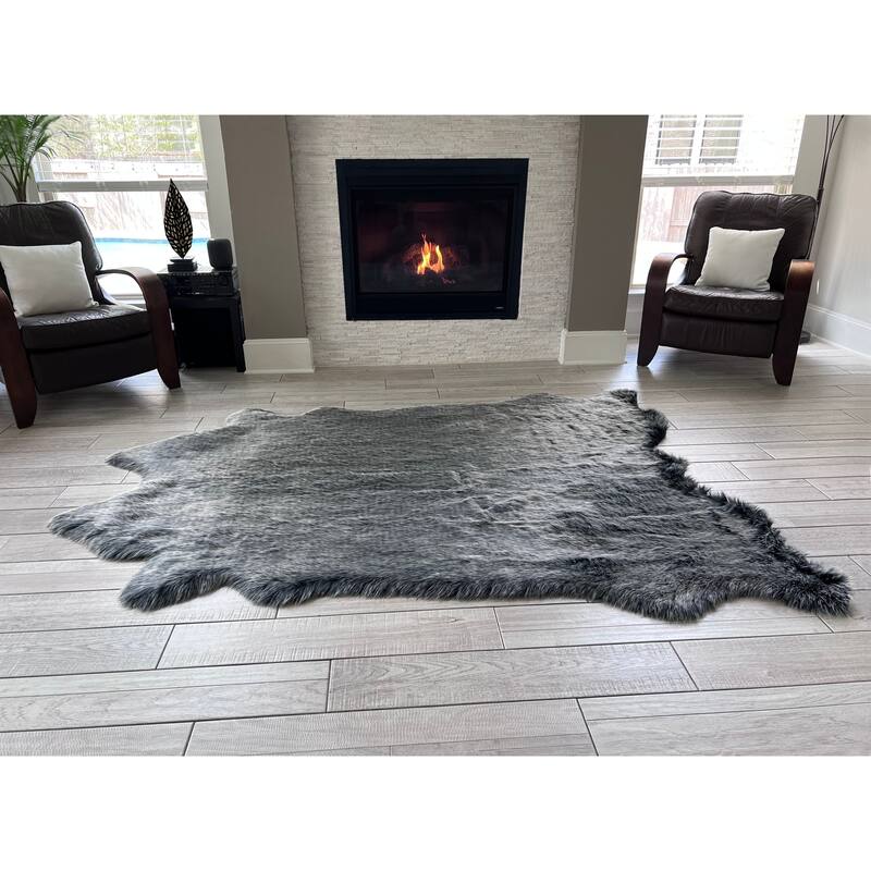 Ovella Home Premium Faux Buffalo Skin Shag Rug - 6' x 7' Animal Shape - Black and Beige