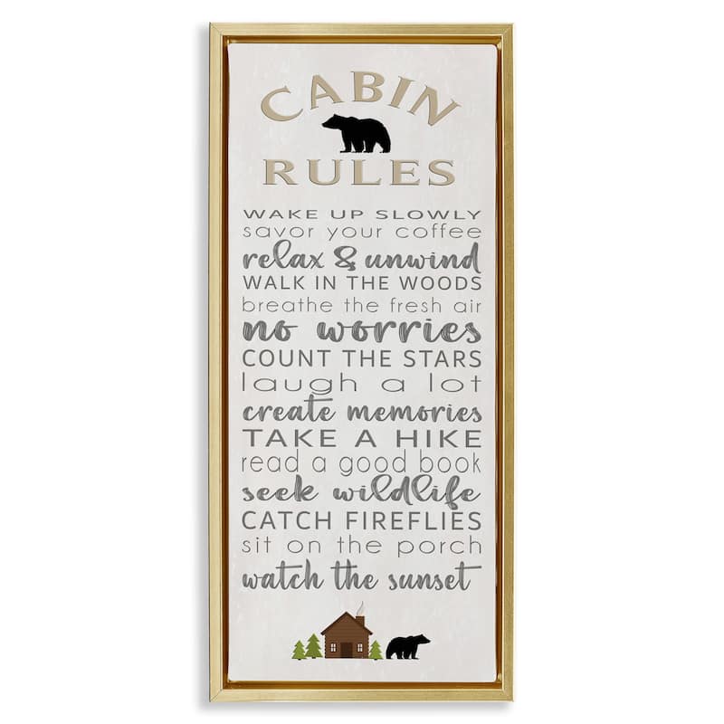 Stupell Fun Adventure Cabin Rules Framed Floater Canvas Wall Art Design By Seven Trees Design - 11 x 25 - Gold