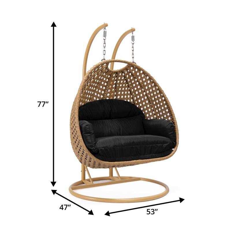 LeisureMod Mendoza 2-Person Hanging Egg Swing Chair - Handcrafted Light Brown Wicker, Patio Hammock Lounger with Cushions - 53"