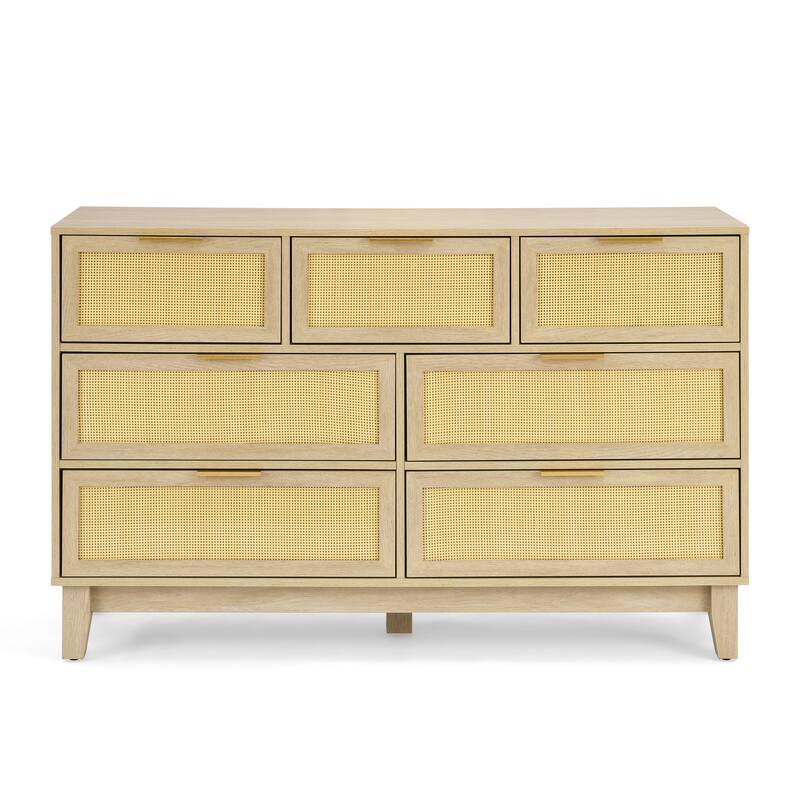 Modern Rattan Dressing Wooden Storage Cabinet with 7 Spacious Drawers, for Bedroom, Living Room and Hallway