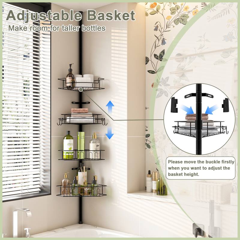 Tension Pole Corner Shower Caddy with 4 Adjustable Baskets