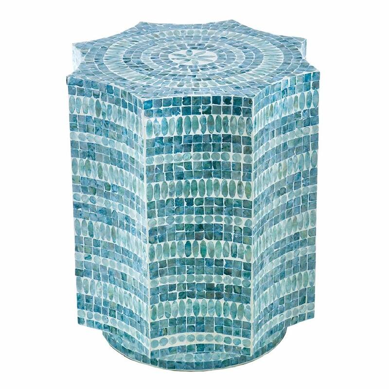 Blue Turquoise Capiz Stool - 17" Starburst Design, End Table, Side Table - 17x17x20"