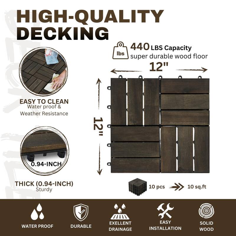 10 Piece DArk Brown Wood-Plastic 12x12in Deck Tiles Waterproof Outdoor Flooring