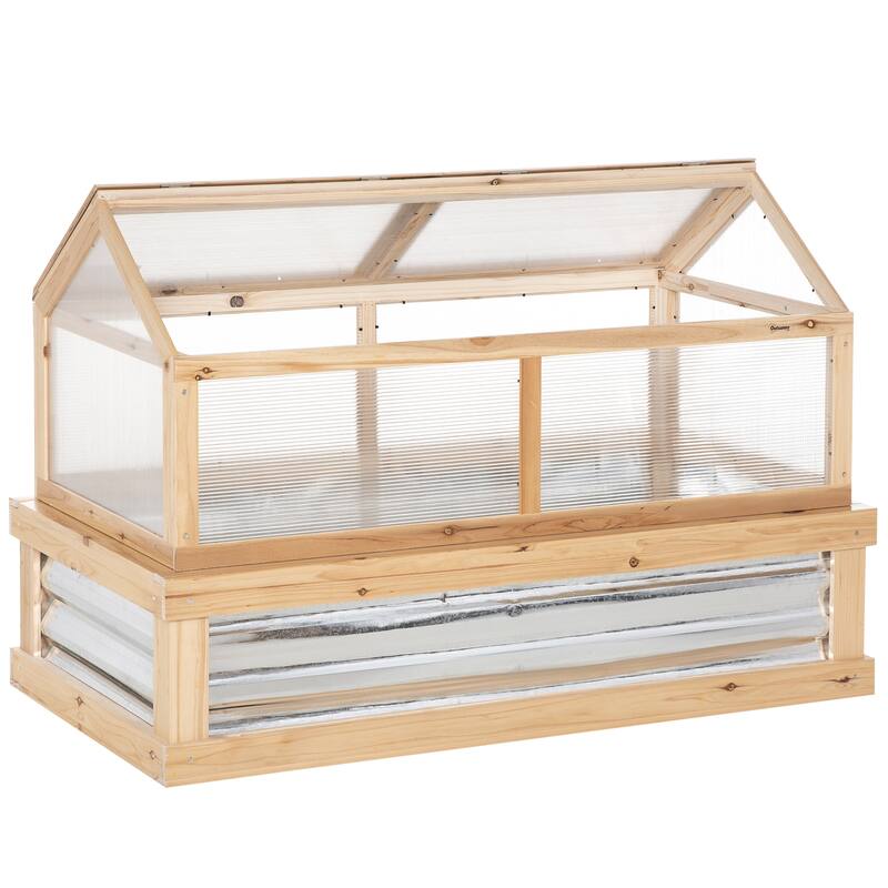 Raised Garden Bed with Polycarbonate Greenhouse, Wooden Garden Cold Frame Greenhouse, Flower Planter Protection, Natural