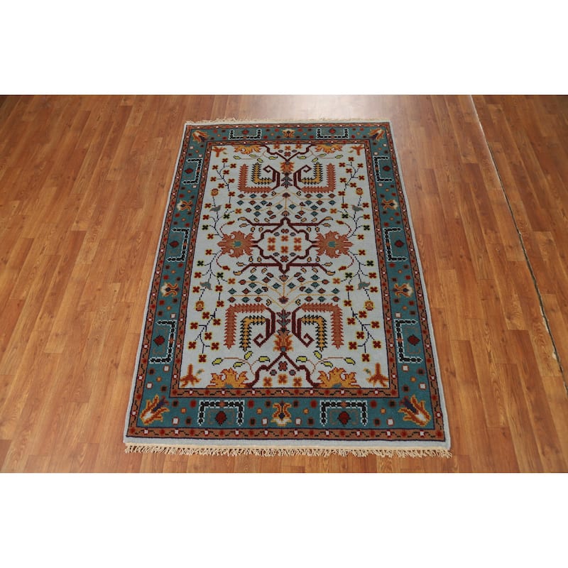 Hand Knotted Oriental 100% Wool Carpet Transitional Floral Navy Blue & Blues Oushak Area Rug - 5' 11'' X 4' 0''