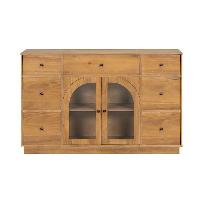 Cabinet with 2 Doors & 7 Drawers, Multi-Functional Wood Storage Cabinet, Entryway Accent Cabinet with Adjustable Shelves - Natural