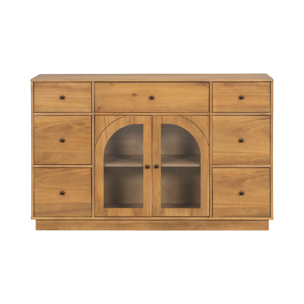 Cabinet with 2 Doors & 7 Drawers, Multi-Functional Wood Storage Cabinet, Entryway Accent Cabinet with Adjustable Shelves