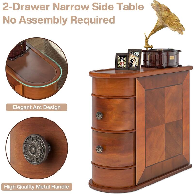 10.8 Inches Narrow End Table with 2 Drawers -Fully Assembled Solid Wood Side Table, Slim Nightstand