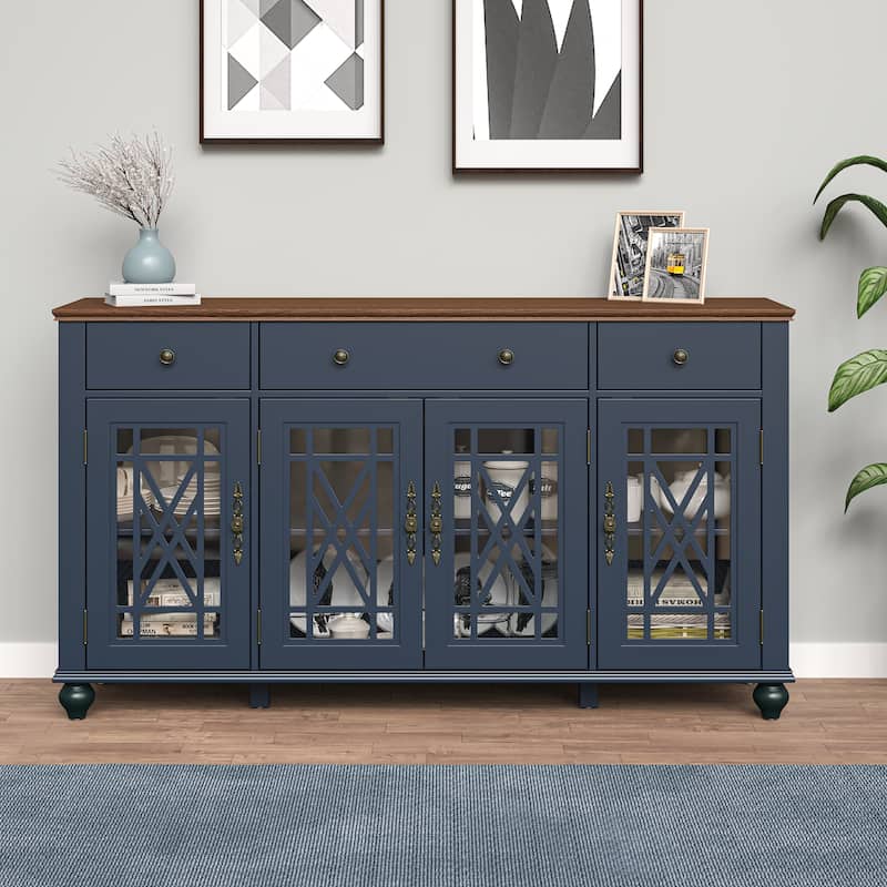63" Vintage Style Kitchen Accent Buffet Sideboard Cabinet w/ Drawers - 63" in Width - Navy