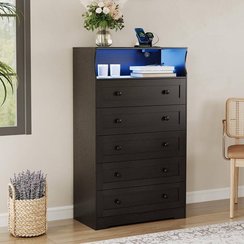 5 Drawer Dresser for Bedroom with Charging Station & LED Lights - Black