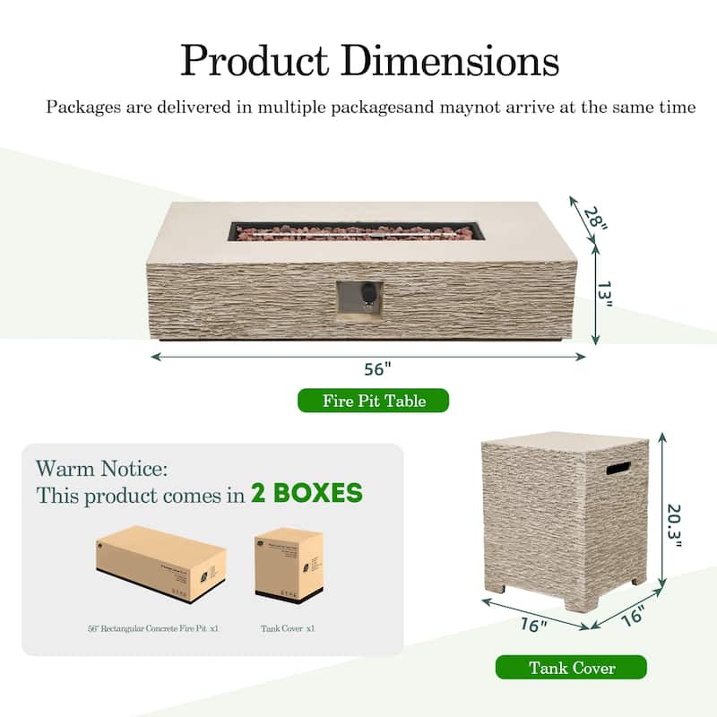 Patio Watcher 56in. Outdoor Rectangle Magnesium Oxide Fire Pit Table with Gas Tank Cover