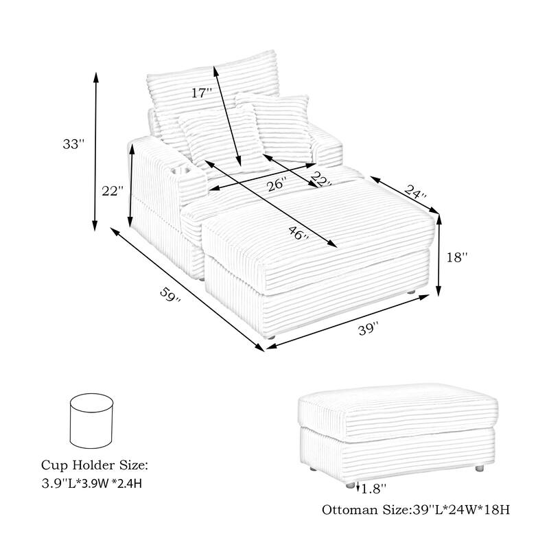 Modern Corduroy 1-Seater Sofa with Ottoman Bench and Cup Holder, Plush Gray Couch with Pillows