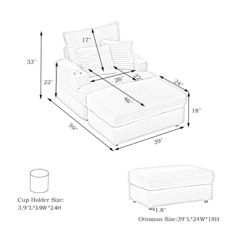 White 39.37" Corduroy Upholstered Single Armchair Sofa with Ottoman and Cup Holder for Lving Room