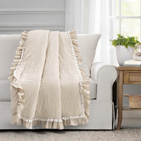 slide 2 of 6, Lush Decor Ella Shabby Chic Ruffle Lace Throw Blanket Neutral