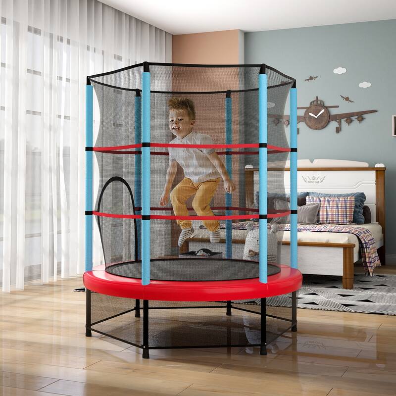 Gymax 55'' Mini Trampoline for Kids w/ Safety Enclosure Net & Seamless