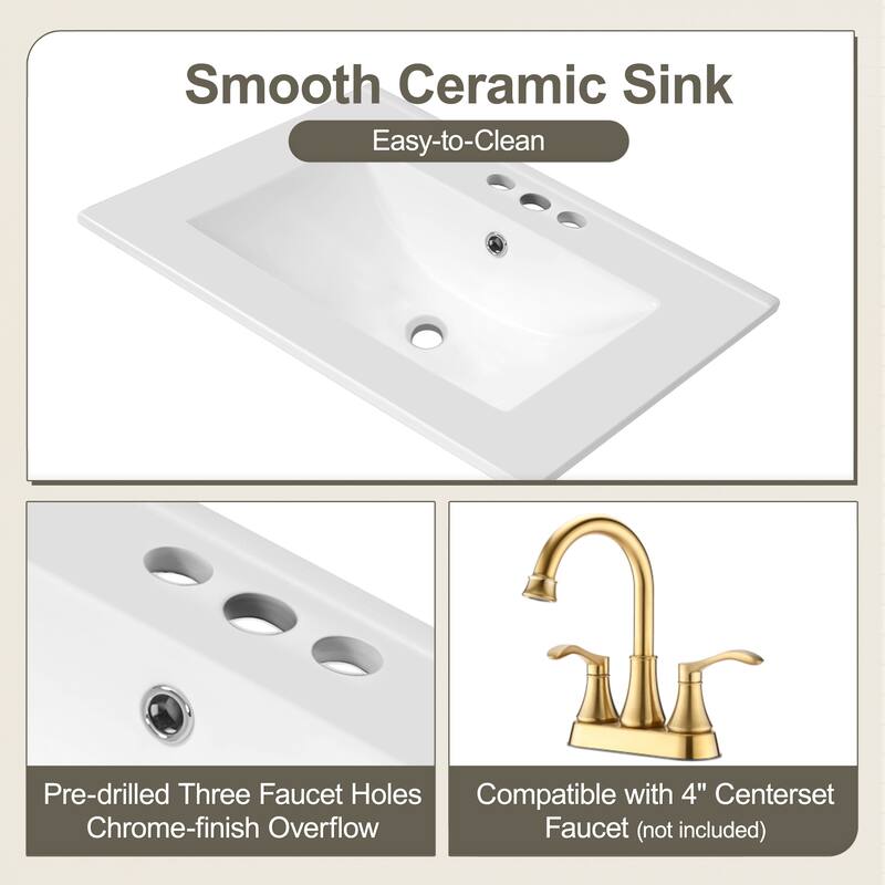 24" Bathroom Vanity with Sink, Freestanding Cabinet with Drawer, Pull-Out Basket & Shelf, Soft-Close Door, Ceramic Basin