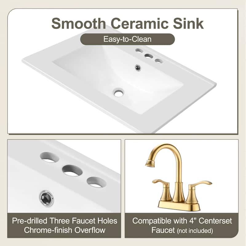 24" Freestanding Bathroom Vanity with Ceramic Sink, Door Shelf, Drawer, Pull-Out Basket, MDF and Wood Base