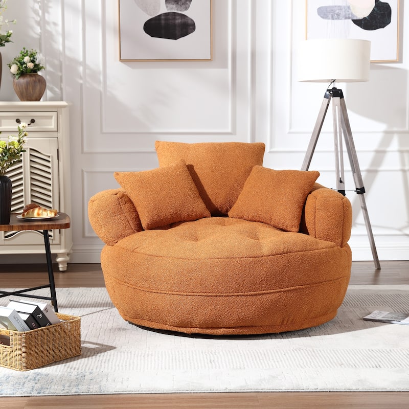 Boucle Upholstered Tufted Barrel Accent Living Room Chair With Toss Pillows - Orange+Rotate Base