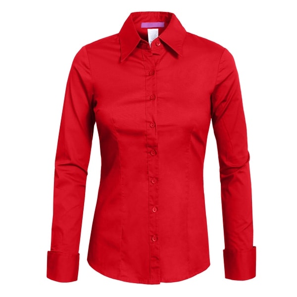 womens red button down shirt
