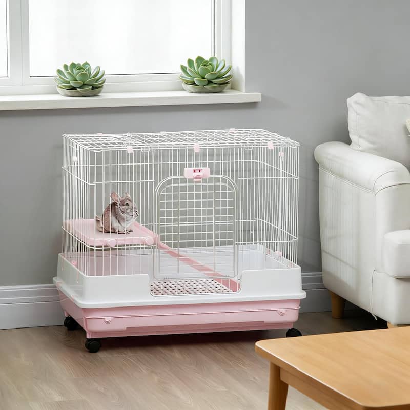 Pet House with Wheels,Small Animal Cage Rabbit Hutch is designed for convenient cleaning - Pink