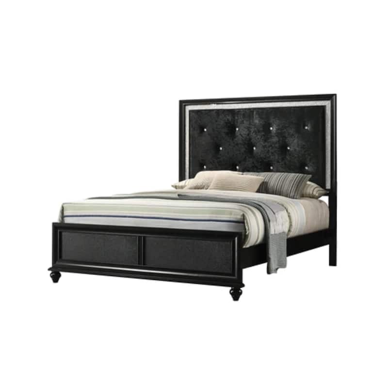 Queen Size Fabric Panel Bed with Diamond Tufted Headboard and Crystal Accents