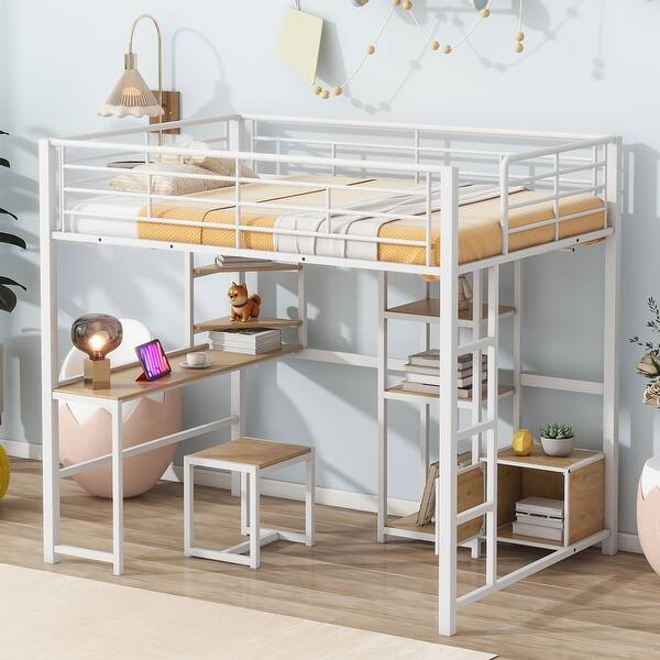 slide 2 of 20, Full Size Loft Bed with Desk, Stool, Open-Style Wardrobe, Shelves and Cabinet White