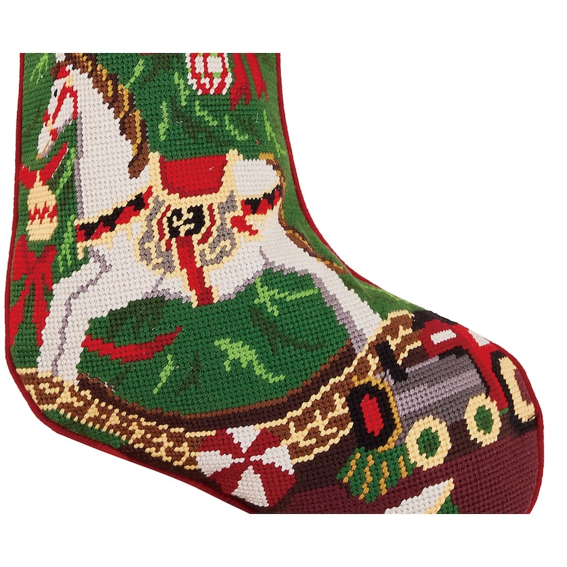 Holiday Rocking Horse Embroidered Needlepoint Stocking - 11"x18"
