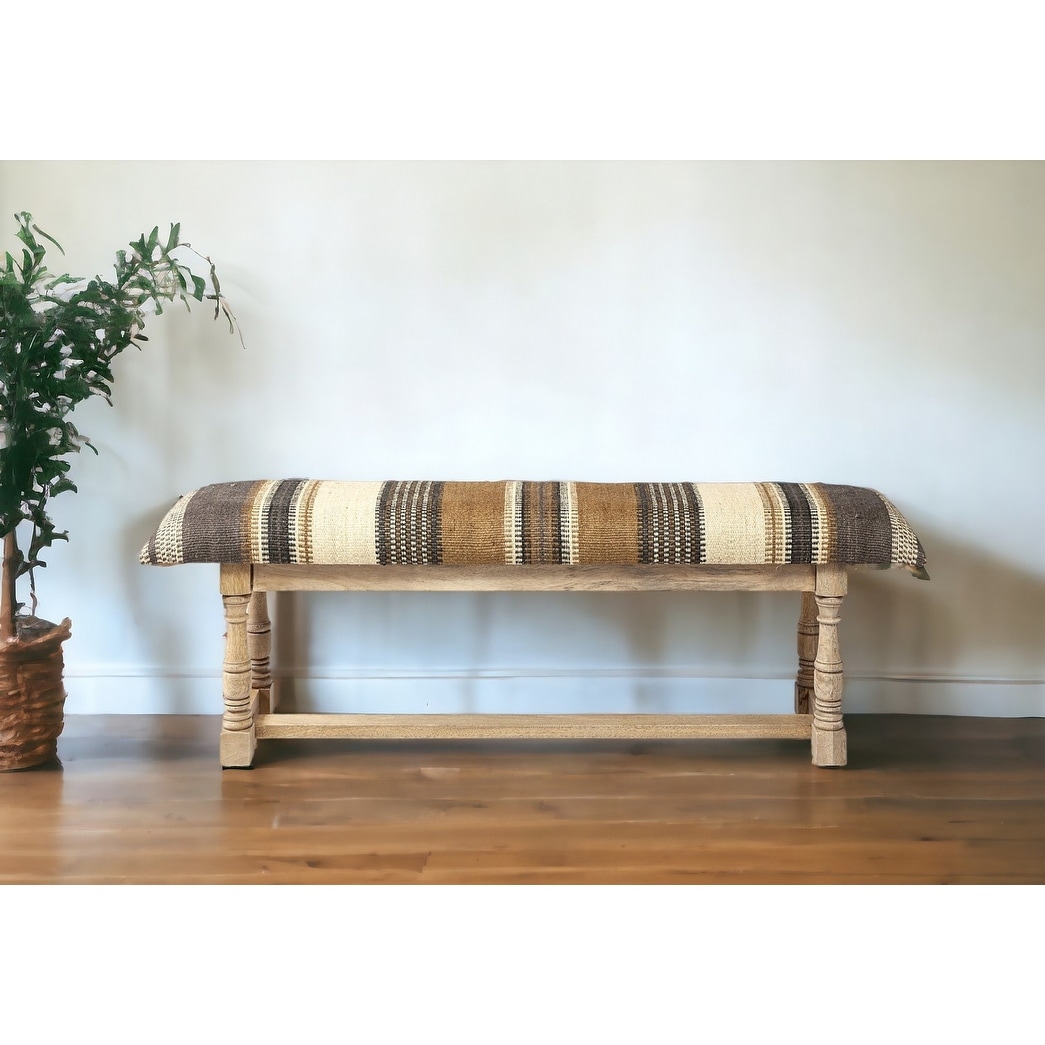 HomeRoots 59" Beige and Gray and Brown Upholstered Jute Striped Bench - 59