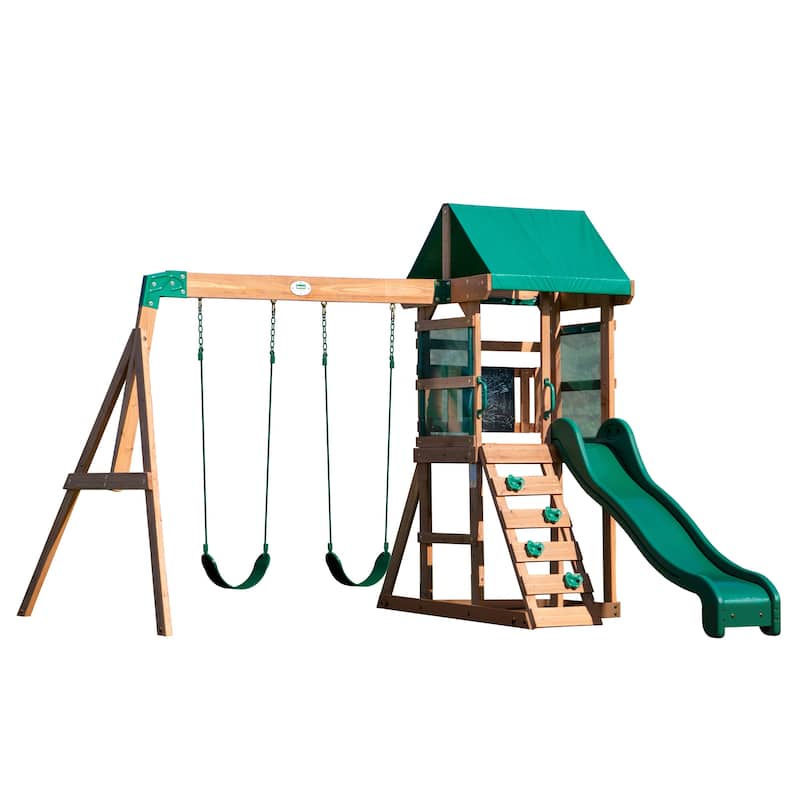 Backyard Discovery Buckley Hill Cedar Wood Swing Set, Slide, Play Deck - 10'3" x 8'11" - Brown - Swing Set - 10'3" x 8'11" - Kids