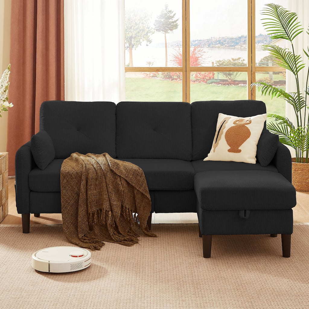 77.17" Corduroy Sectional Sofa with Storage Ottoman and Side Storage Pocket